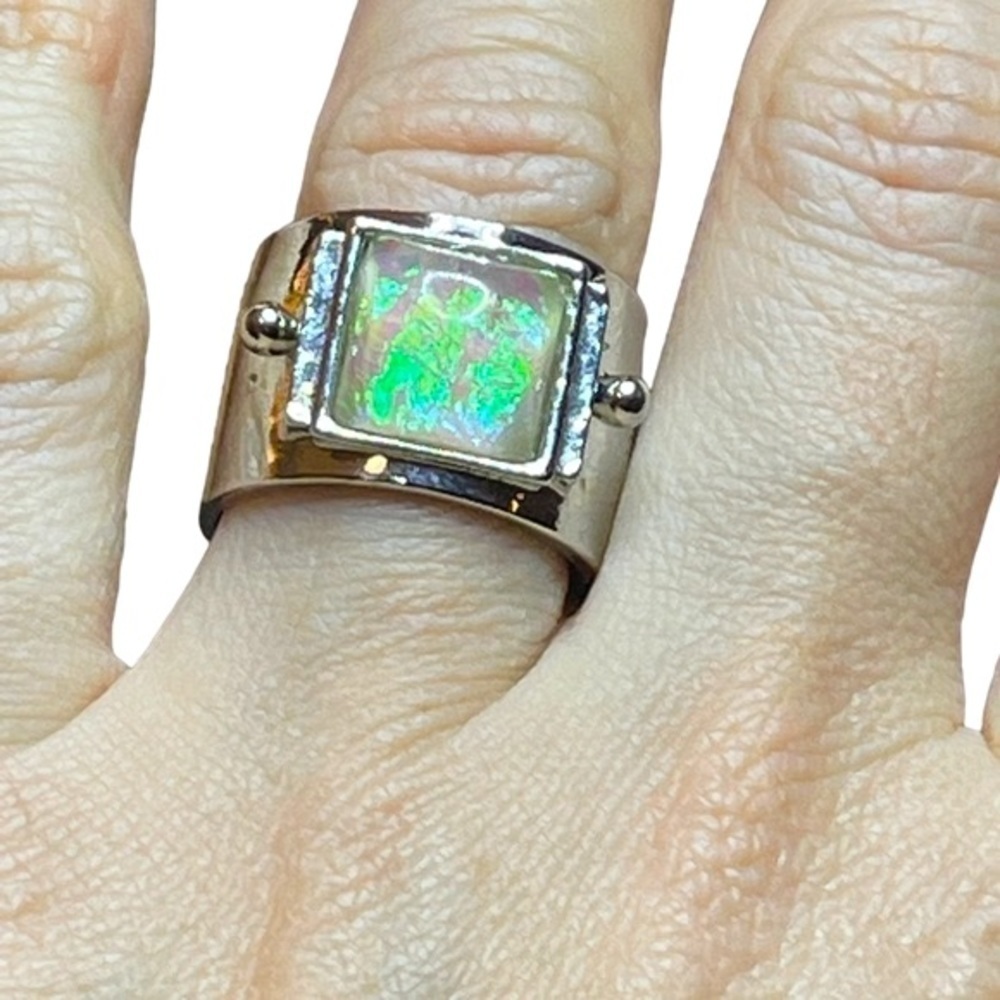 Faux Dichroic Glass Opal & Rhinestone‎ Silver Toned Wide Band Statement Ring 8.5
